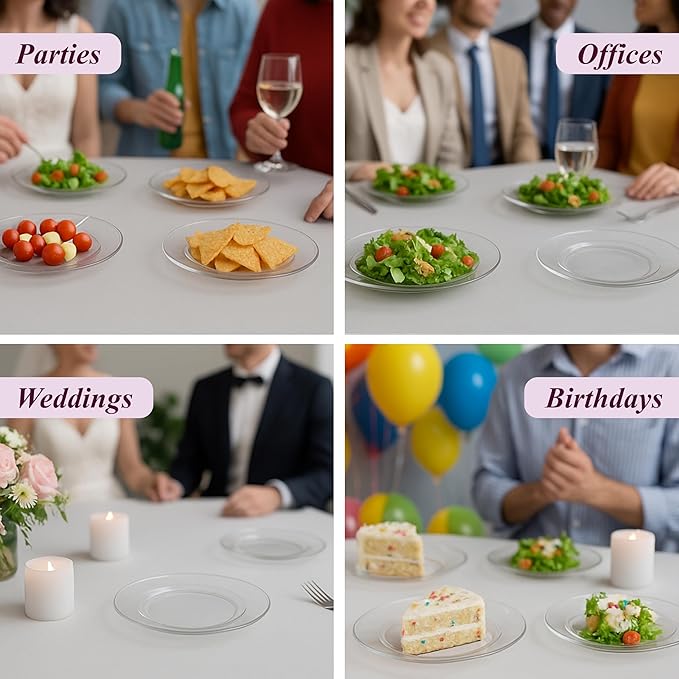 Aya's Cutlery Kingdom 100 Clear Plastic Plates for Party - Heavy Duty Disposable Set of 50 Dinner and 50 Dessert Plates - Elegant Plastic Disposable Plate for Weddings, Parties, and Special Events