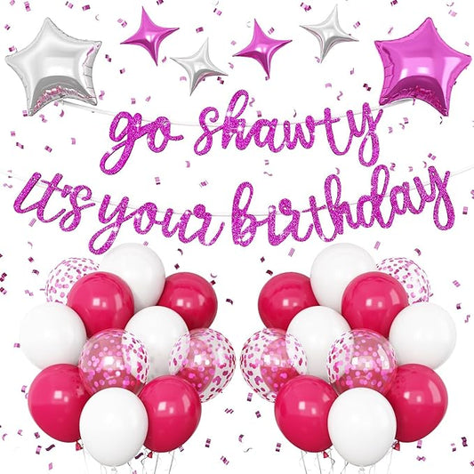 Rose Red Go Shawty It's Your Birthday Banner Balloons Set, Glitter Happy Birthday Banner with Rose Red White Confetti Balloon Star Foil Balloon for Girls Hip Hop Rap Theme Birthday Party Decorations