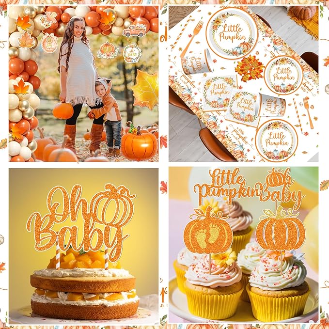 Fall Little Pumpkin Baby Shower Decorations,Fall Plates and Napkins Party Supplies with Pumpkin Plates,Napkins,Banner,Balloons,Cutlery,Yellow Tablecloth for 24 Guests Thanksgiving Festival