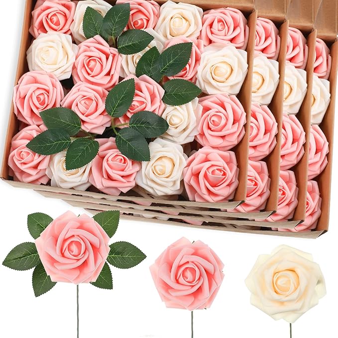 100 Pieces Artificial Foam Rose Flowers Faux Bouquet with Leaves and Stems for DIY Wedding Bouquets Centerpieces Bridal Shower Party Valentine Home Decorations(Pink, Champagne)
