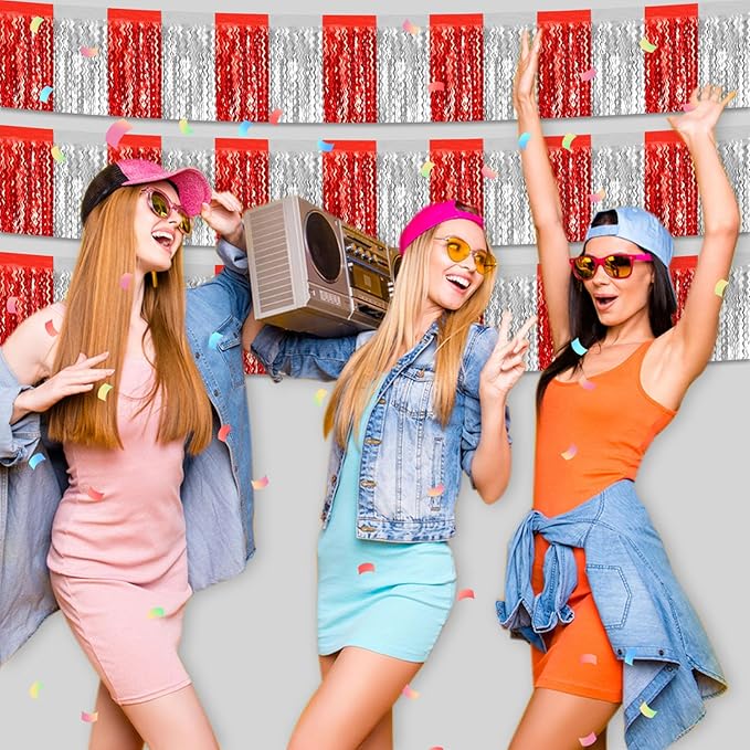 6 Pack 10 Feet Red Silver Wave Foil Fringe Garland Metallic Tinsel Streamers Banner Wall Hanging Curtain Backdrop for Parade Floats, Mother's Day, Easter, Wedding, Birthday Party Decoration