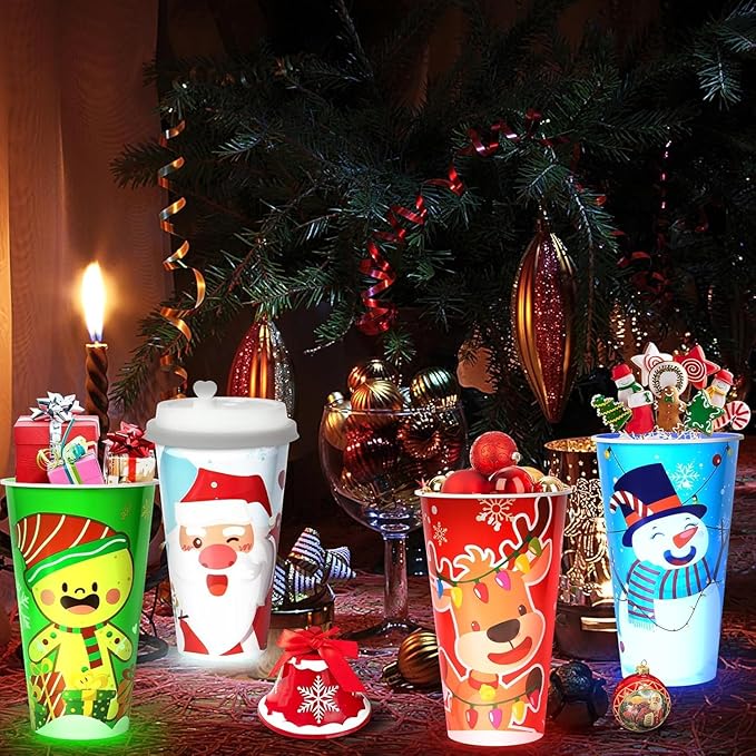 24 Sets Christmas Party Cups for Kids, 16OZ Glow Christmas Plastic Cup for Holiday Movie Night Party Favors Supplies Decorations, Holiday Decor