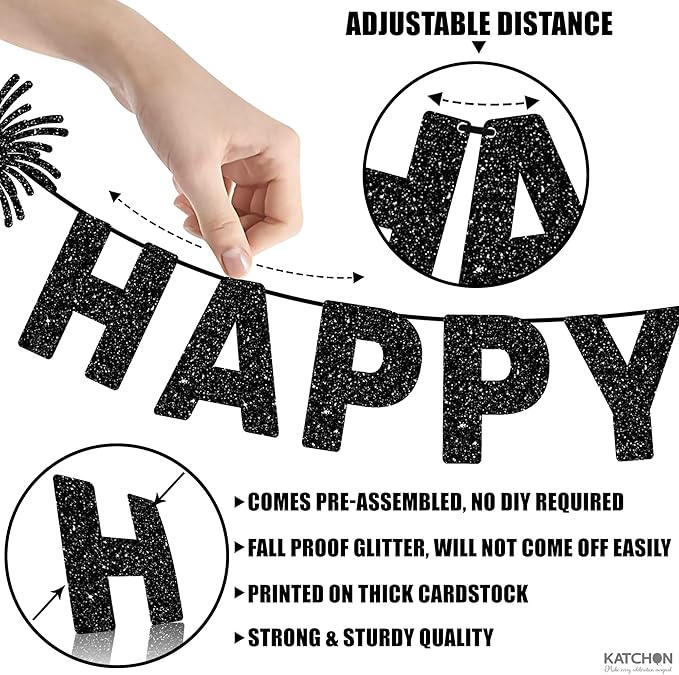 KatchOn Happy New Year Banner Black - Pre-Strung, 10 Feet | Happy New Year Sign for Happy New Years Decorations 2026 | New Years Eve Party Supplies 2026 Black | NYE Decorations 2026