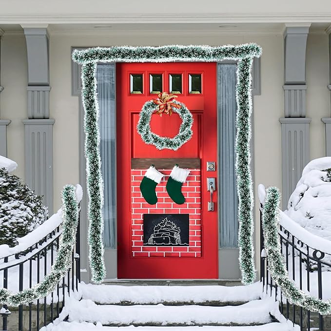 50FT Green White Christmas Tinsel Garland, Metallic Twist Xmas Garland for Christmas Tree Decorations, Holiday Hanging Garlands for Mantel Staircase Fireplace Indoor Outdoor Home Party Decor