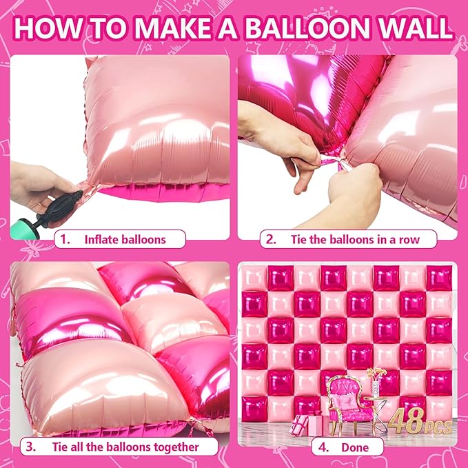 NISOCY 48PCS Hot Magenta Pink Square Foil Balloons Wall Backdrop Double Sided Metallic Pink Balloons Arch Kit for Anniversary Bachelorette Birthday Engagement Bridal Baby Shower Party Decorations