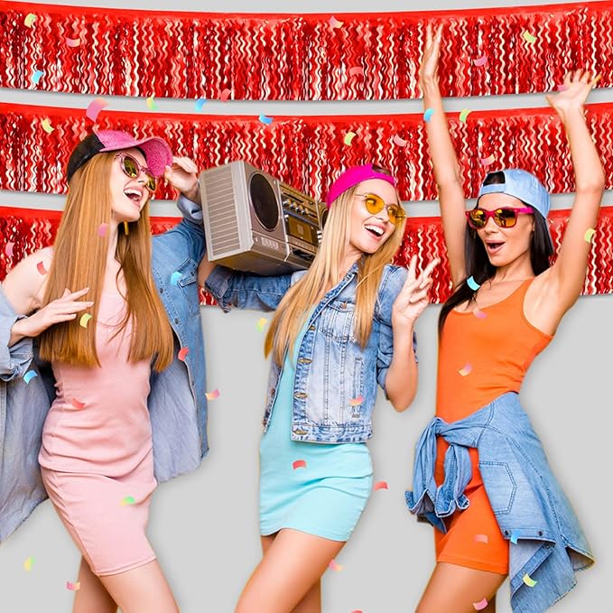 6 Pack 10 Feet Red Wave Foil Fringe Garland Metallic Tinsel Streamers Banner Wall Hanging Curtain Backdrop for Parade Floats, Mother's Day, Easter, Wedding, Birthday Party Decoration