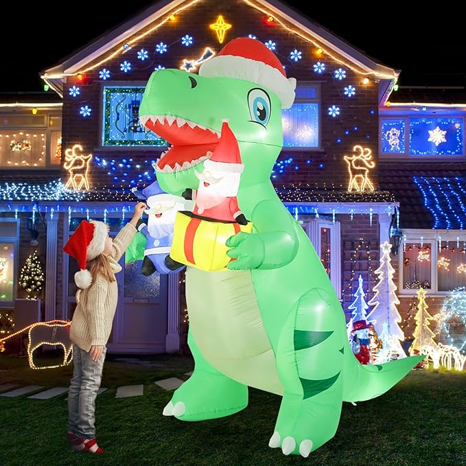 Taman 8 FT Christmas Inflatable Decorations, Large Dinosaur with Santa Claus Propeller Built-in Bright LED Light Blow Up for Yard, Garden,Lawn Outdoor Holiday Yard Decorations