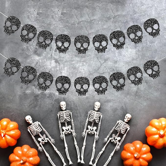 2PC Black Skull Garland for Halloween Party Decorations Glitter Skull Banner for Gothic Birthday Decorations Supplies