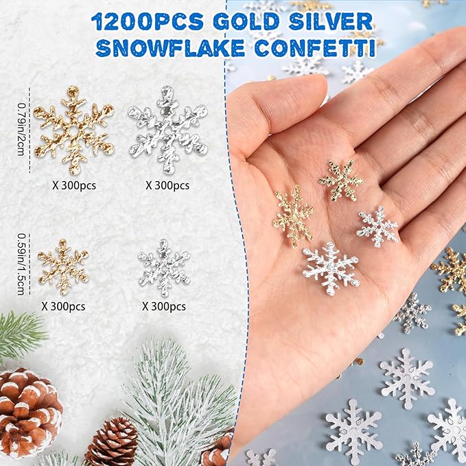 Christmas Snowflake Confetti Decorations,1200Pcs Gold Silver Confetti Snow Party Pack for Christmas Winter Wonderland Table Centerpieces Wedding Birthday Baby Shower DIY Projects Decorations Supplies