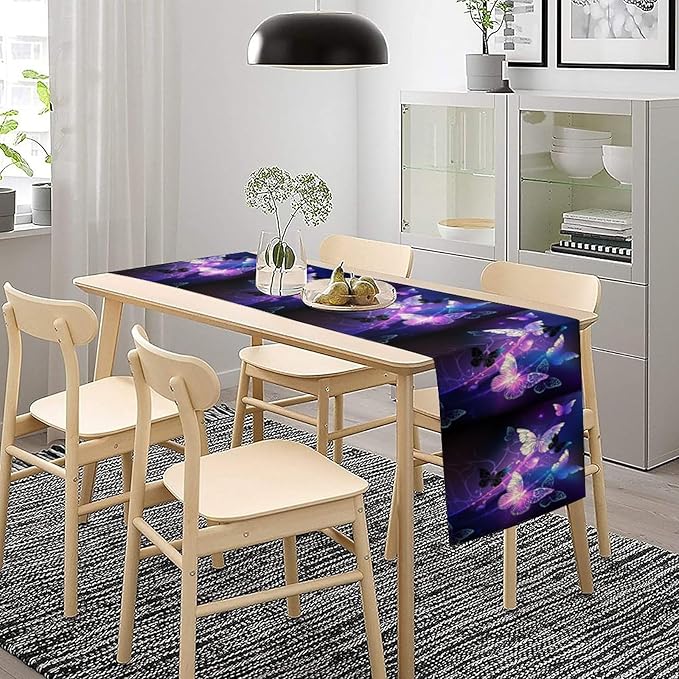 Butterfly Spring Table Runner, Purple Floral Seasonal Kitchen Dining Table Decoration for Home Party Decor 13x36 Inch