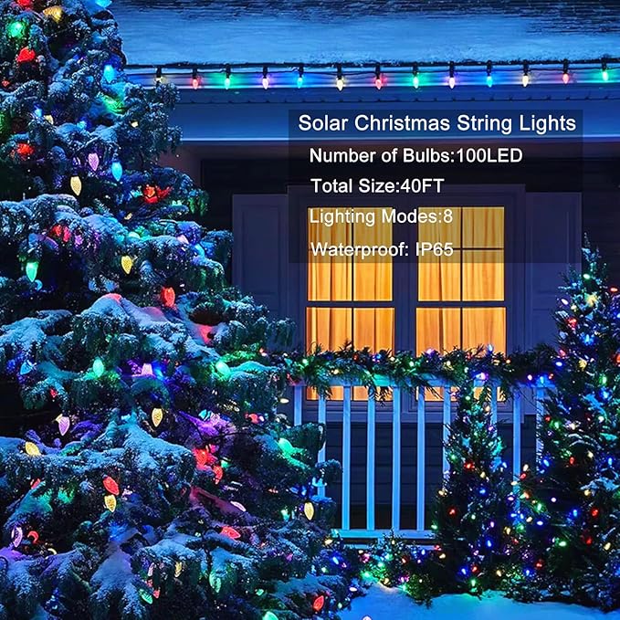 Solar String Strawberry Lights Outdoor 100 LED 40Ft Multi-Color Christmas Fairy Lights with 8 Lighting Modes, Waterproof Solar Lights Outdoor for Garden Christmas Wedding Party Xmas Tree Decoration