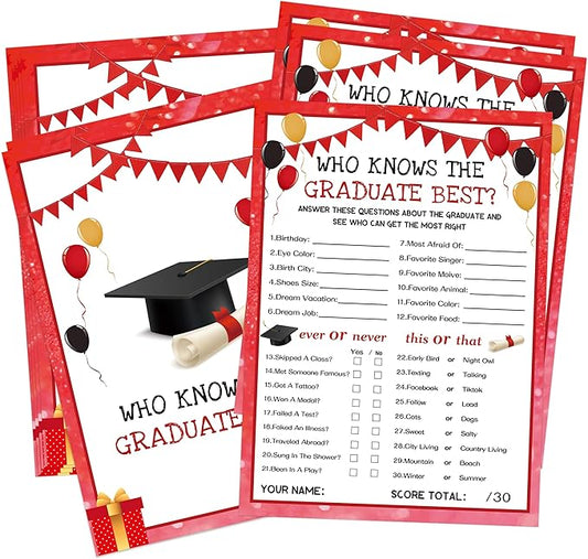 30 Grad Party Games Cards - Who Knows The Graduate Best, Red Graduation Games 2025 Party Favors, Graduation Party Decorations for Senior High School College University
