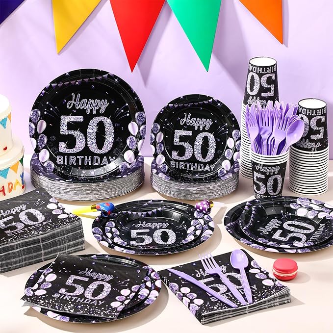 Pickmesh 400 Pcs 50th Birthday Party Supplies Purple Black Happy 50th Birthday Decorations Include Disposable Paper Plates Napkins Cups Cutlery for Men Women Party Decorations Serve 50