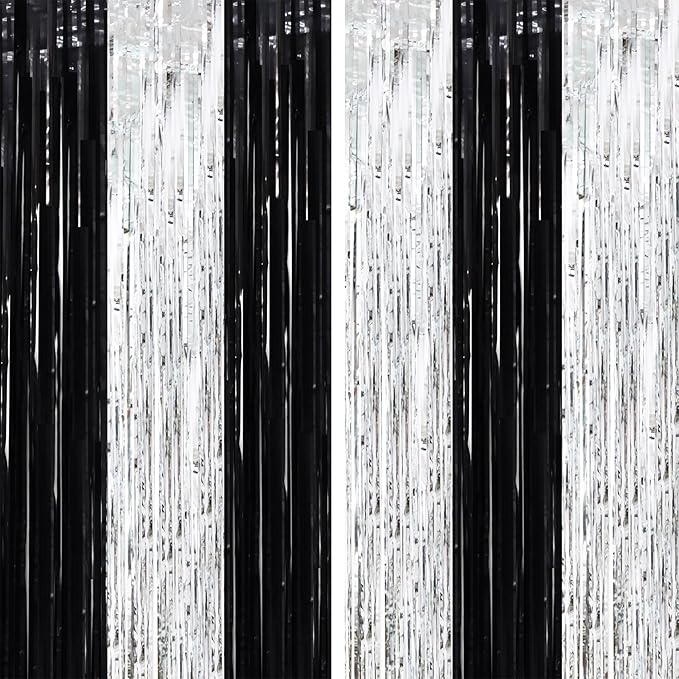 2 Pack Black and Silver Tinsel Foil Fringe Curtains, Black White Party Decorations, Metallic Tinsel Party Streamers Backdrop for New Years Birthday Christmas Graduation Decorations