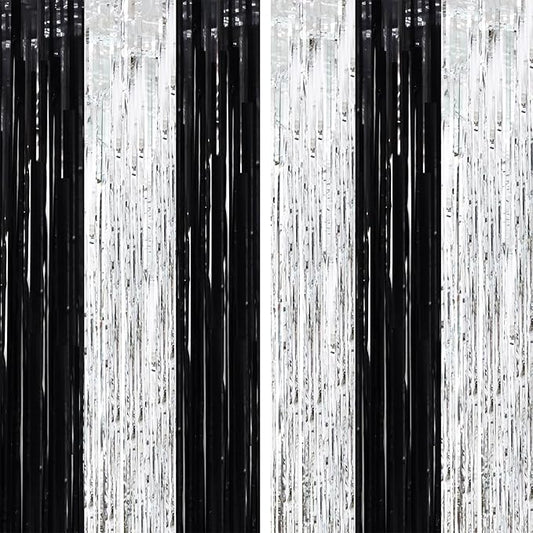 2 Pack Black and Silver Tinsel Foil Fringe Curtains, Black White Party Decorations, Metallic Tinsel Party Streamers Backdrop for New Years Birthday Christmas Graduation Decorations