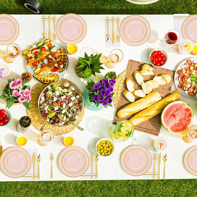 GATHER 700PCS Pink Plastic Plates - Gold Rim Disposable Plastic Dinnerware Set Include 200 Pink Plates, 300 Silverware, 100 Napkins, 100 Cups for Party & Wedding