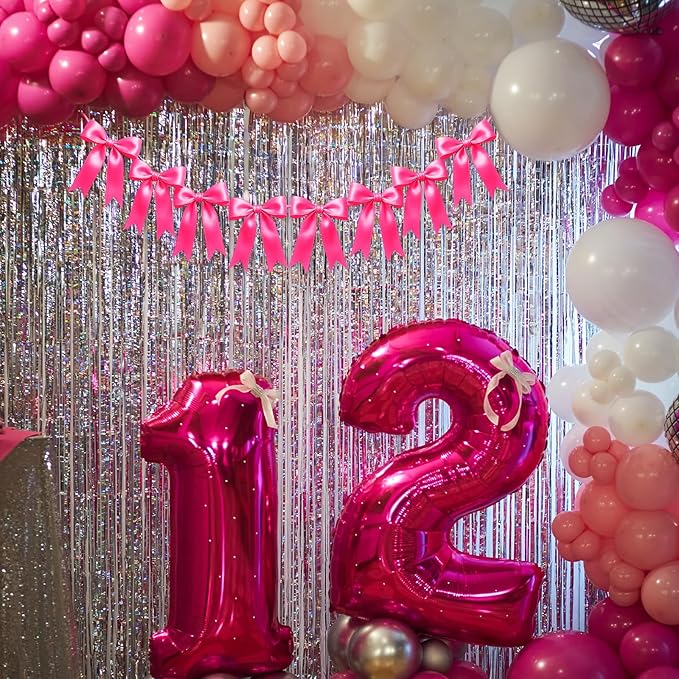 1 String of 8PCS Hot Pink Bow Garland Banner Decoration,Pre-Strung Satin Ribbon Ornaments for Birthday,Bachelorette Party,Bridal Shower,Wedding,Engagement,Baby Shower,Graduation Decor,Anniversary