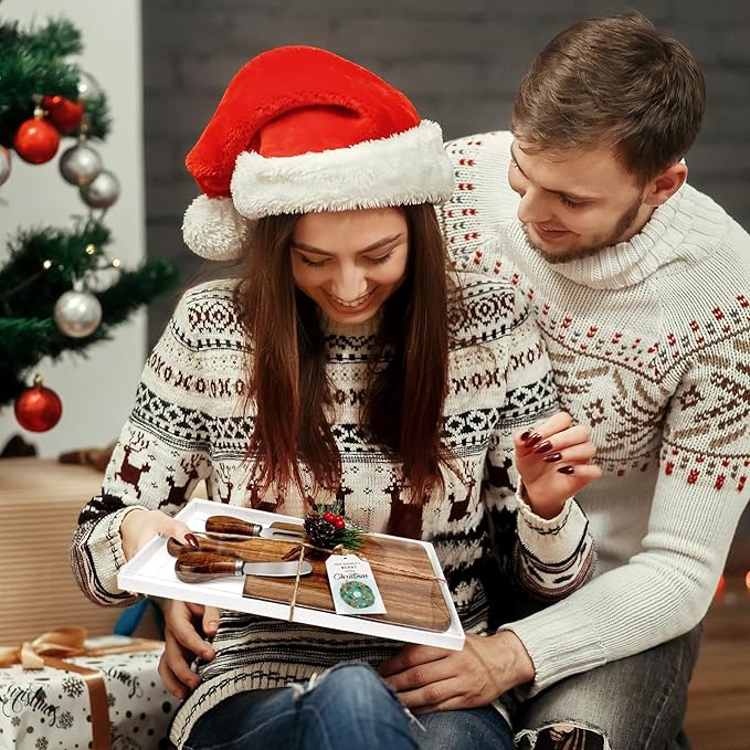 2 Pcs Christmas Gifts Bridal Shower Favor Acacia Wooden Square Cheese Board Gift Set With Knives, Mini Cutting Board Bulk Set, Tags and Boxes for Party Birthday