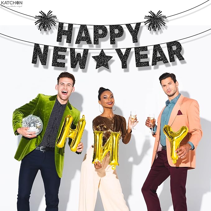 KatchOn Happy New Year Banner Black - Pre-Strung, 10 Feet | Happy New Year Sign for Happy New Years Decorations 2026 | New Years Eve Party Supplies 2026 Black | NYE Decorations 2026