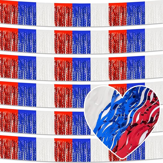 6 Pack 10 Feet White Blue Red Wave Foil Fringe Garland Metallic Tinsel Streamers Banner Wall Hanging Curtain Backdrop for Parade Floats, Mother's Day, Easter, Wedding, Birthday Party Decoration