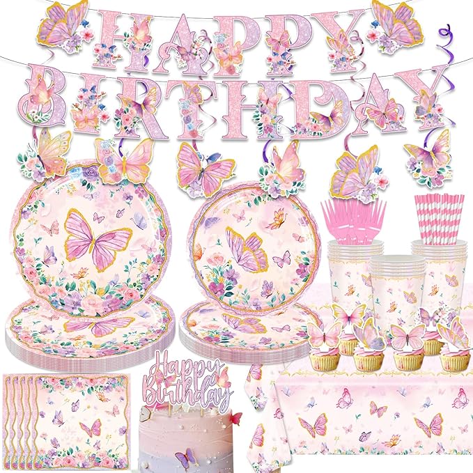 163PCS Butterfly Birthday Party Decorations, Girls Butterfly Party Supplies Disposable Plates and Napkins Set, Tableware,Banner, Hanging Swirls, Tablecloth, Cake Cupcake Topper
