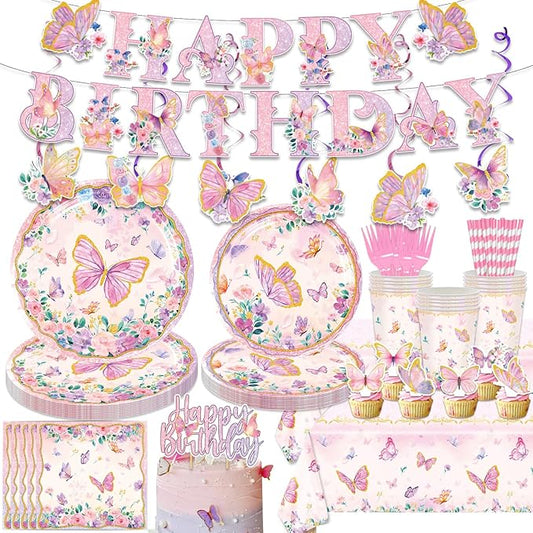163PCS Butterfly Birthday Party Decorations, Girls Butterfly Party Supplies Disposable Plates and Napkins Set, Tableware,Banner, Hanging Swirls, Tablecloth, Cake Cupcake Topper