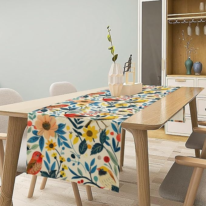 Flowers Birds Spring Table Runner, Colorful Birds Branches Floral Seasonal Kitchen Dining Table Decoration for Home Party Decor 13x120 Inch