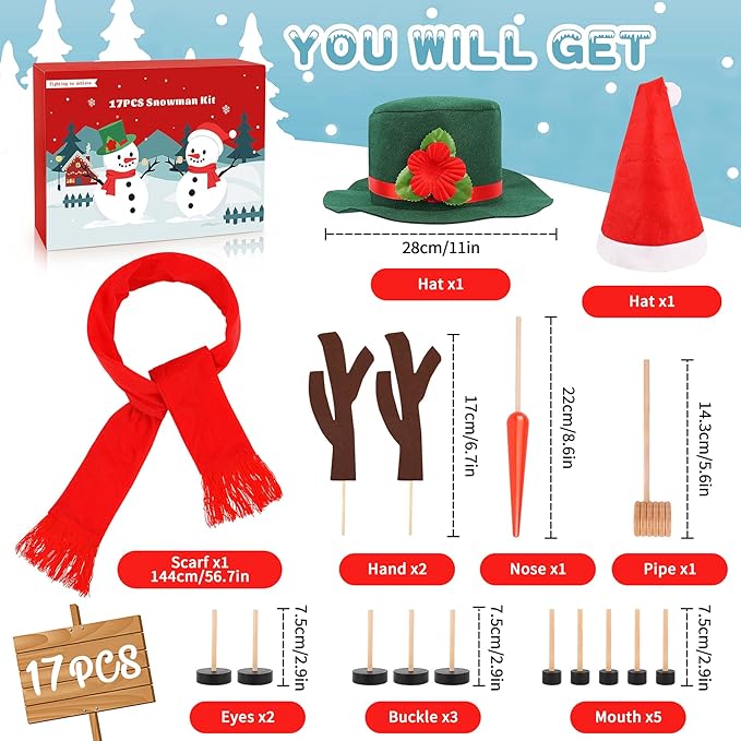 17PCS Build A Snowman Kit with 2pcs Hats, Winter DIY Snowman Decorating Supplies for Outdoor Christmas Decorations, 2pcs Hats Snowmen Making Kit Snow Tools for Xmas Holiday Party Decoration