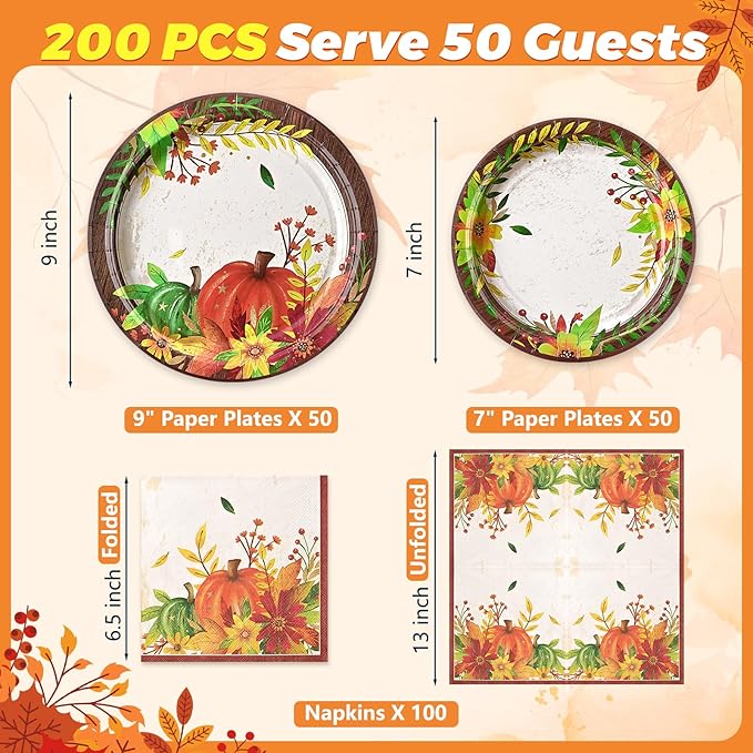 Homlouue 200 Pcs Fall Paper Plates and Napkins, Thanksgiving Plates and Napkins Sets, Fall Pumpkins Plate Disposable Party Supplies, Heavy Duty Thanksgiving Paper Plate Disposable (9" & 7" Plates)