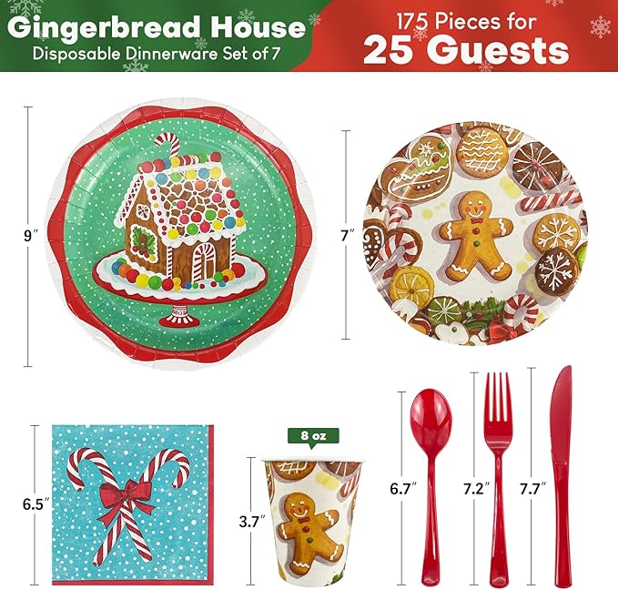 Christmas Dinnerware Sets of Paper Plates, Cups, Napkins & Cutlery for 25 Guests, Gingerbread House Disposable Party Plates,Kids Xmas Holiday Decorations Party Tableware Sets for School Family 175 pcs