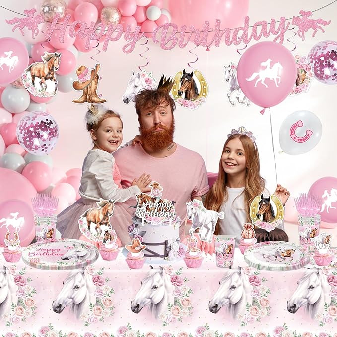 154PCS Pink Western Horse Party Decorations, Cowgirl Horse Party Supplies Plates and Napkins Set, Tableware,Banner, Hanging Swirls, Tablecloth, Balloon,Cake Cupcake Topper,Honeycomb Centerpiece