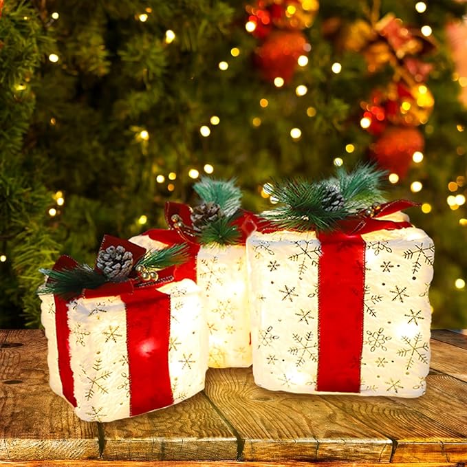 MorTime Christmas Lighted Boxes with Bows, Set of 3 Plush Gift Boxes with Gold Snowflake Pinecone Berry, Present Boxes with 60 LEDs for Christmas Decorations