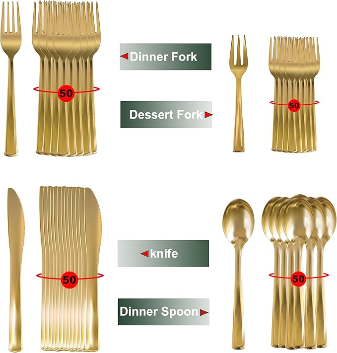 Neatiffy 200 Pcs Gold Plastic Silverware Disposable Cutlery Set, Includes 50 Forks, 50 Spoons, 50 Knives, 50 Medium Forks, Utensils Set for Catering, Parties, Dinners, Weddings