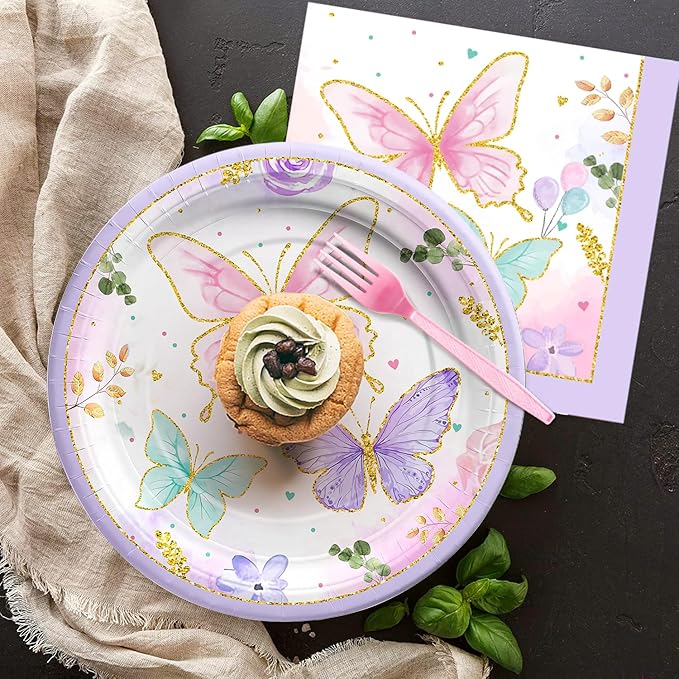 Butterfly Birthday Party Supplies - Butterfly Party Decorations Tableware Include Paper Plate, Napkin, Cup, Disposable Cutlery, Butterfly Baby Shower Decorations Dinnerware | 24 Guests