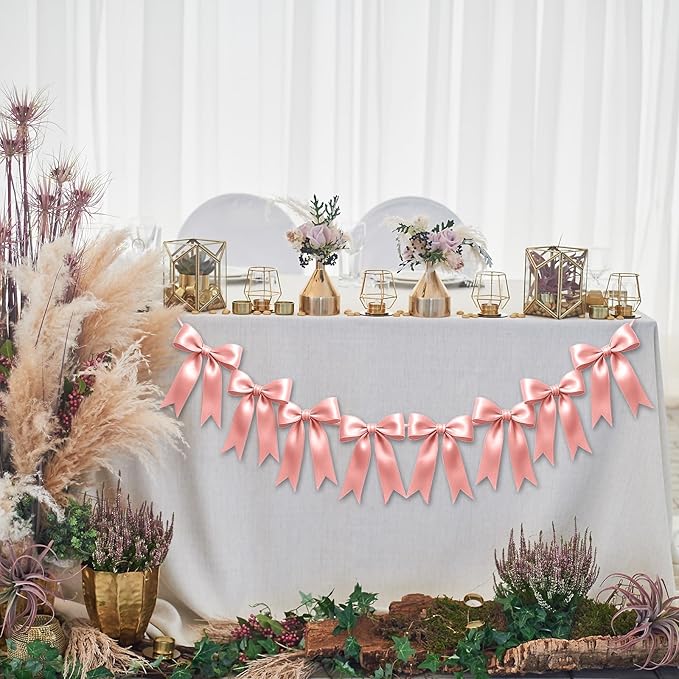 1 String of 8PCS Rose Pink Bow Garland Banner Decoration,Pre-Strung Satin Ribbon Ornaments for Birthday,Bachelorette Party,Bridal Shower,Wedding,Engagement,Baby Shower,Graduation Decor,Anniversary