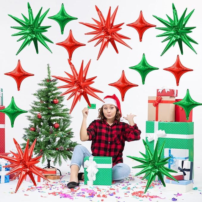 Red Green Star Balloons,Explosion Star Balloons Kit with 6Pcs 22Inch Cone Star Foil Balloons and 10Pcs 10Inch Four Pointed Star Balloons for Christmas Birthday Anniversary Party Decorations