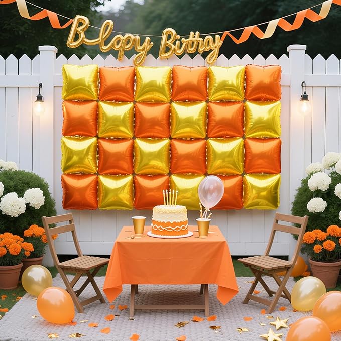 NISOCY 25PCS Orange Gold Square Foil Balloons Wall Backdrop Metallic Autumn Fall Balloons Tunnel Arch Kit for Thanksgiving Friendsgiving Birthday Halloween Baby Shower Fall Color Party Decorations