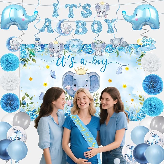 Elephant Baby Shower Decorations Banner, It's a Boy Backdrop, Foil & Latex Balloons, Mommy to Be Sash, Cake & Cupcake Toppers, Honeycomb Centerpieces, Hanging Swirls for Boy Baby Shower Decorations