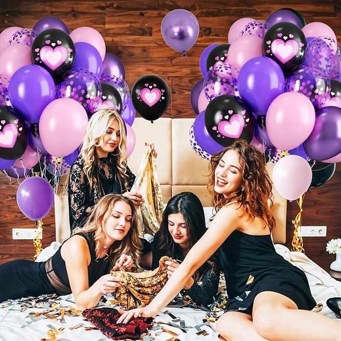 Pink Purple Black Balloons, 50PCS 12 Inch Black Macaron Metallic Purple Pink Birthday Heart Printed Balloons for Princess Theme Birthday Decorations Baby Shower Party