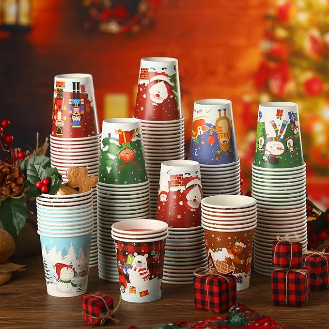 Zhehao 200 Pcs Christmas 9 oz Paper Cups Disposable Coffee Cups Santa Snowman Elk Disposable Hot Cups Xmas Party Drinkware Supplies for Holiday Tea Beverage Cocoa Cold Hot Drink (Xmas Tree Style)
