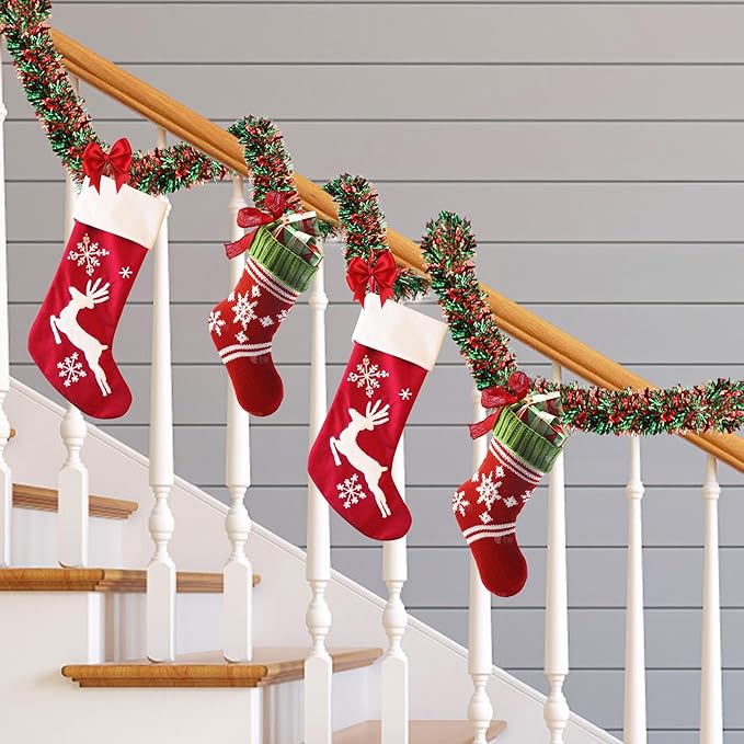 50 Ft Red & Green Christmas Tinsel Garland Metallic Twist Shiny Hanging Garland for Christmas Tree Decorations Xmas Holiday Decor for Home Indoor Outdoor Party Supplies (Red & Green)