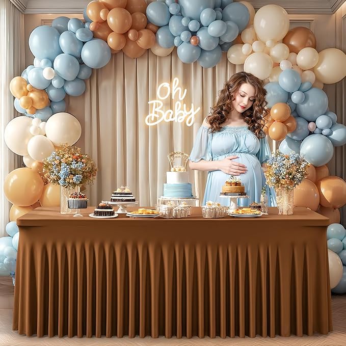 1 Pack Brown Table Clothes for 8 Foot Rectangle Tables, One-Piece Wrinkle Resistant Stretch Spandex Table Covers with Skirt for Event Banquet Wedding Birthday Party