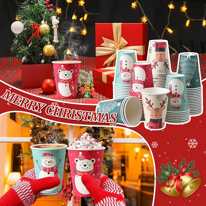 100 Pack Christmas Paper Cups 12 oz Xmas Disposable Coffee Cups, Snowman Elk Xmas Party Cup for Hot Cocoa Chocolate, Christmas Holiday Party Drinkware Supplies