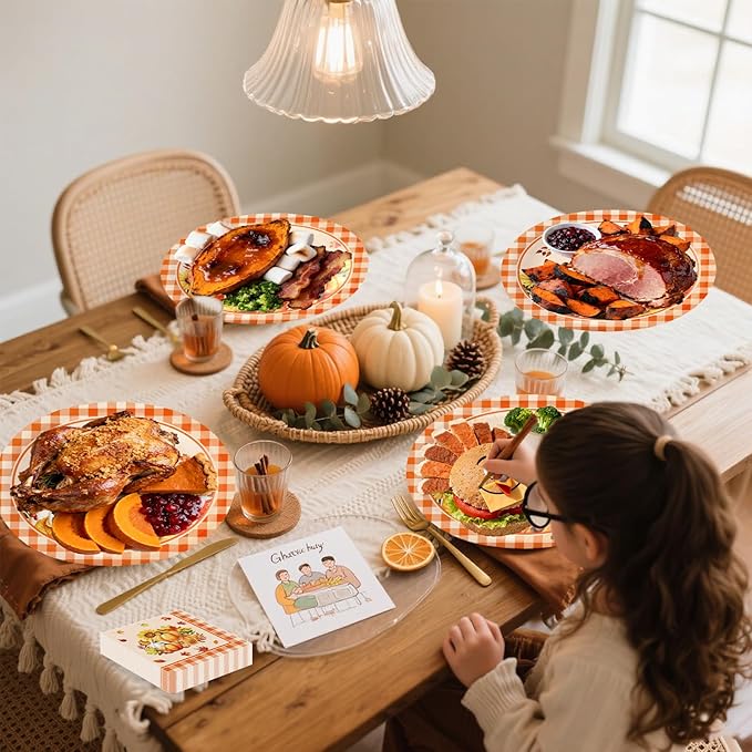 100 Pcs ThanksGiving Oval Paper Plates and Napkins Set, 10" x 12" Large Disposable Pumpkin Plates for ThanksGiving Party Supplies