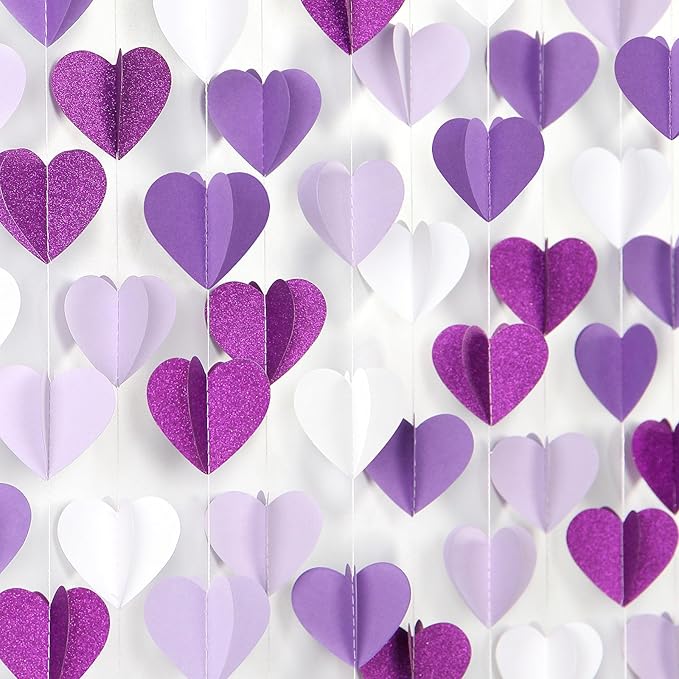 Purple White Lavender Party-Decorations Heart-Garland - 39Ft 3D Women Girl Birthday Supplies Hanging Paper Streamers Banner,Baby Bridal Shower Wedding Engagement Bachelorette Graduation Decor Ouruola