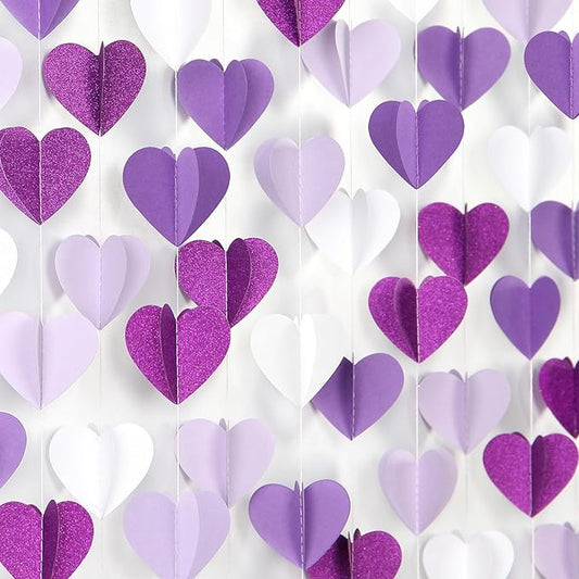 Purple White Lavender Party-Decorations Heart-Garland - 39Ft 3D Women Girl Birthday Supplies Hanging Paper Streamers Banner,Baby Bridal Shower Wedding Engagement Bachelorette Graduation Decor Ouruola