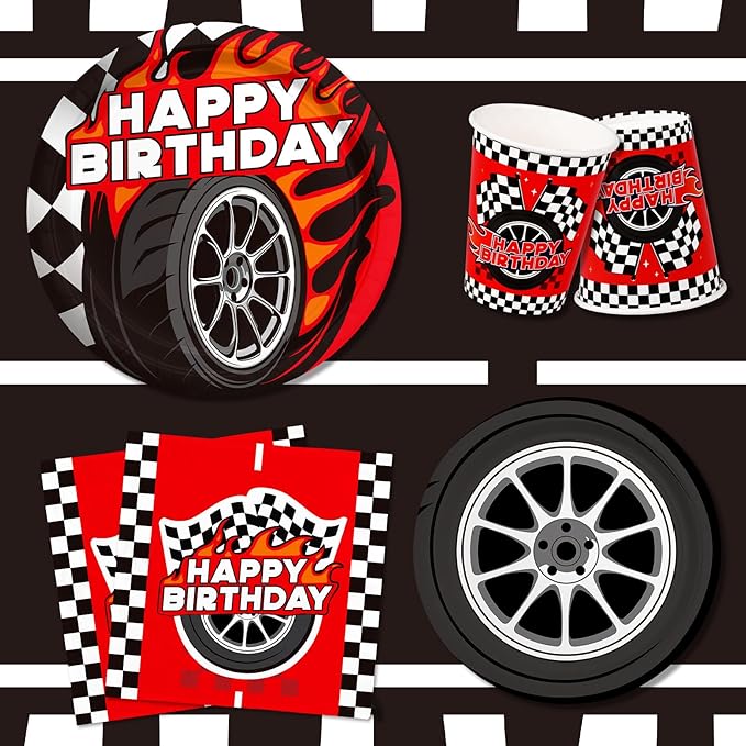 Car Birthday Decorations Kit: Car Theme Party Supplies for 25 - Includes Dinner & Dessert Plates, Napkins, Cups, Banner and Tablecloth for Boys' Racing Car Birthday Party Decorations