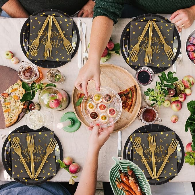 90PCS Happy Birthday Plates and Napkins Party Supplies, Disposable Black Gold Dot Dessert Paper Plates Napkins with Forks Tableware Set Party Decorations for Girl Women Birthday Parties