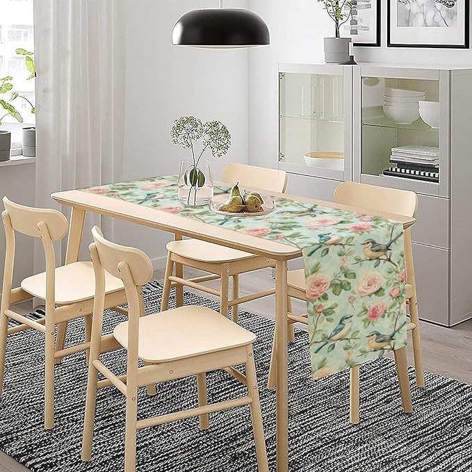 Spring Bird Floral Table Runner,Birds Table Runner Burlap Table Decoration for Seasonal Home Kitchen Dining Dinner Indoor Holiday Farmhouse Decor 13x70 in