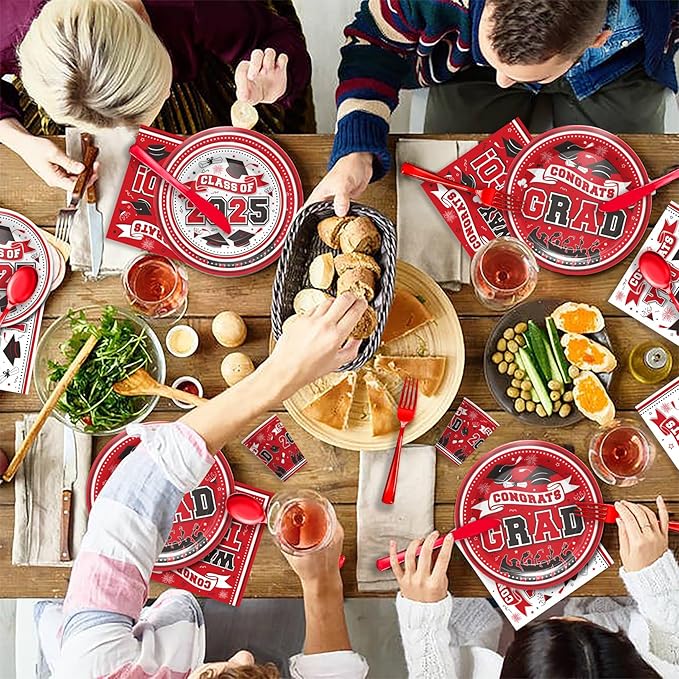 Graduation Decorations Class of 2025 - Red Graduation Party Supplies 2025 Include Plates, Cups, Napkins, Cutlery, 24 Guests